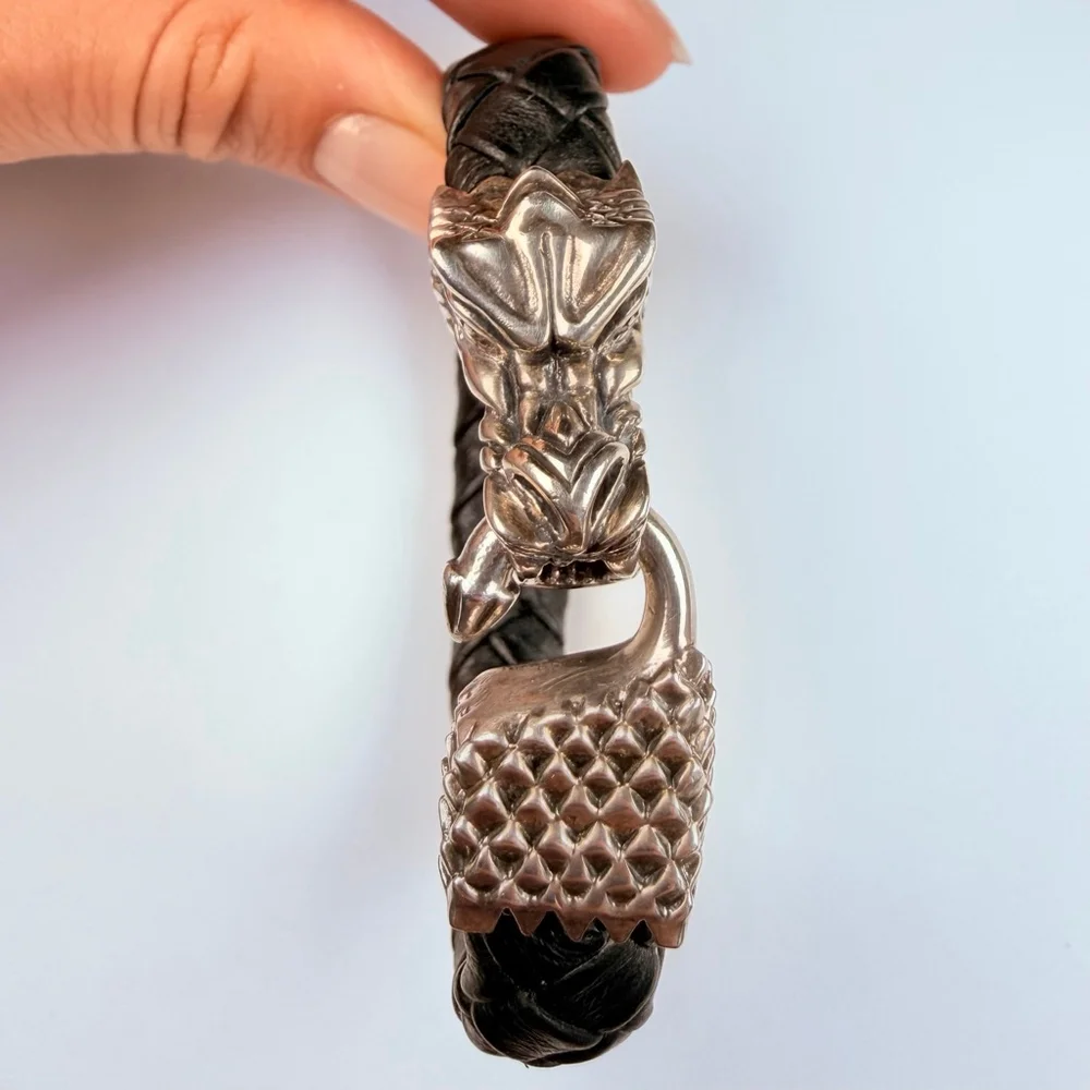 King Baby Large Dragon 925 Sterling Silver & Leather Braided Bracelet $985 - Picture 6 of 12